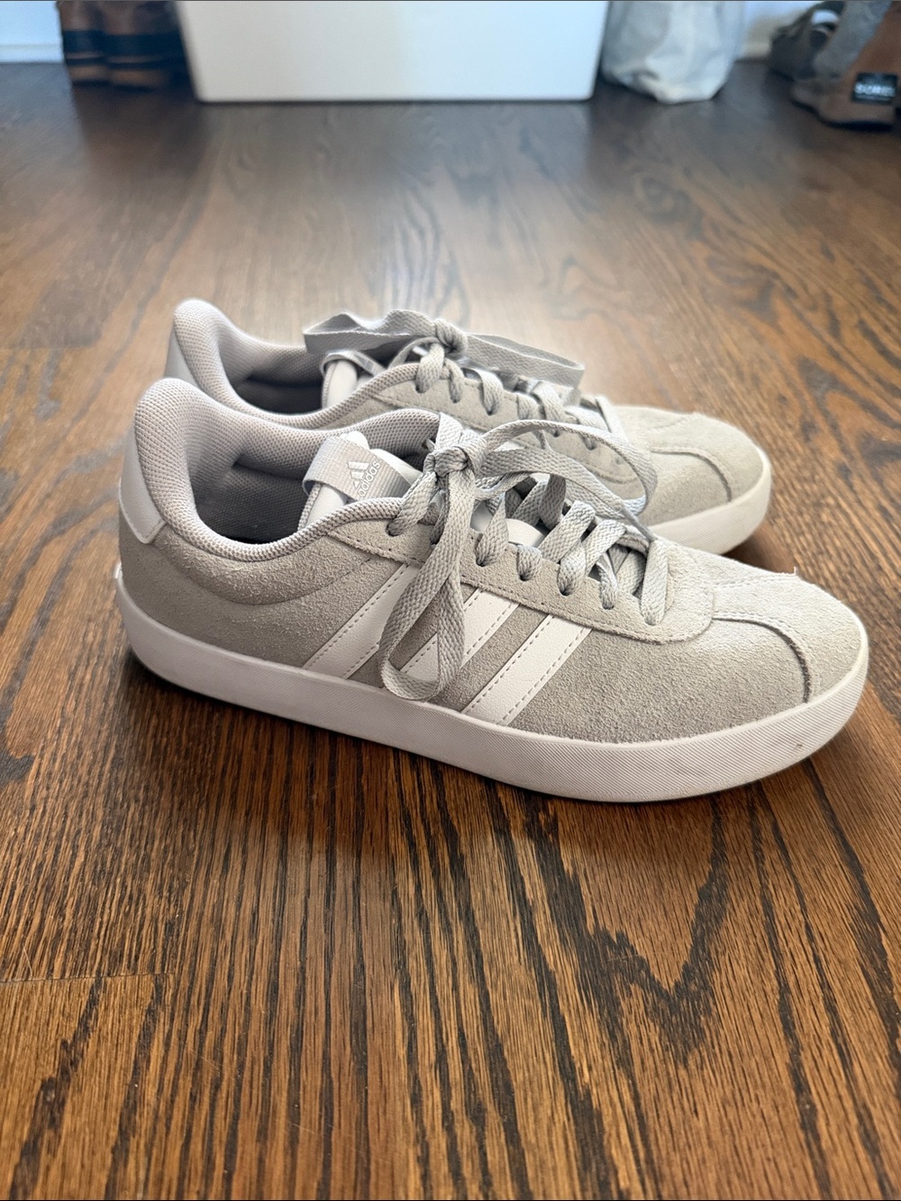 adidas Light Gray Suede Low-Top Sneakers with White Stripes